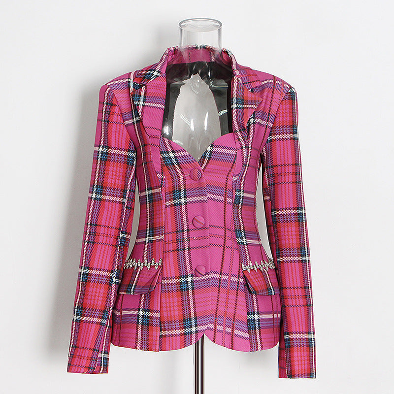 Open Back Plaid Blazer Coral Red