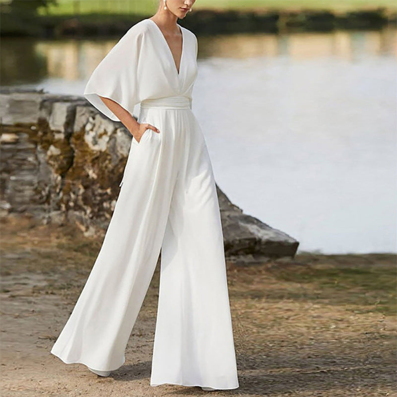 Deep V Plunge High Waist Wide Leg Trousers White