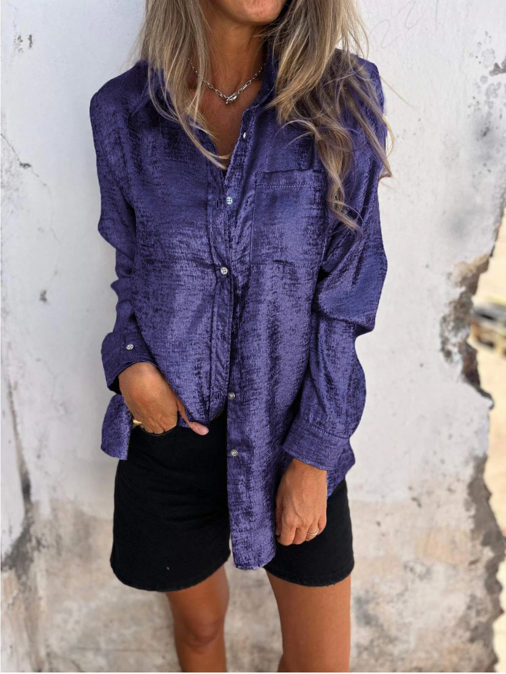 Casual Suede Polo Collar Shirt Purple