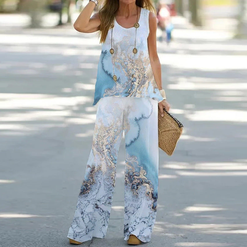 Printed Sleeveless Top and Bottom Set Blue and White Color