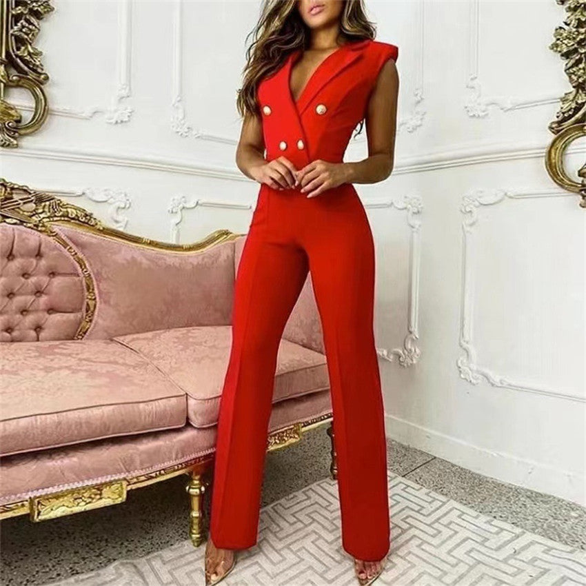 V-neck Sleeveless Houndstooth Jumpsuit Red