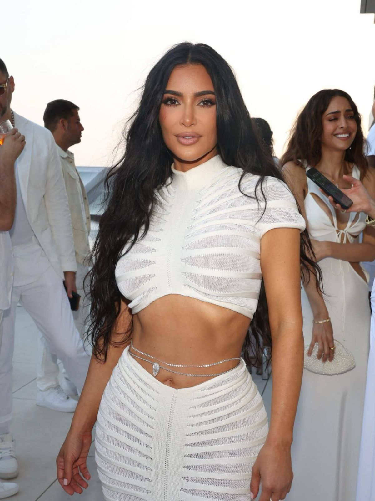 Women Clothing Sexy Knitted See Through Nightclub Suit Low Waist Hip Skirt Set White