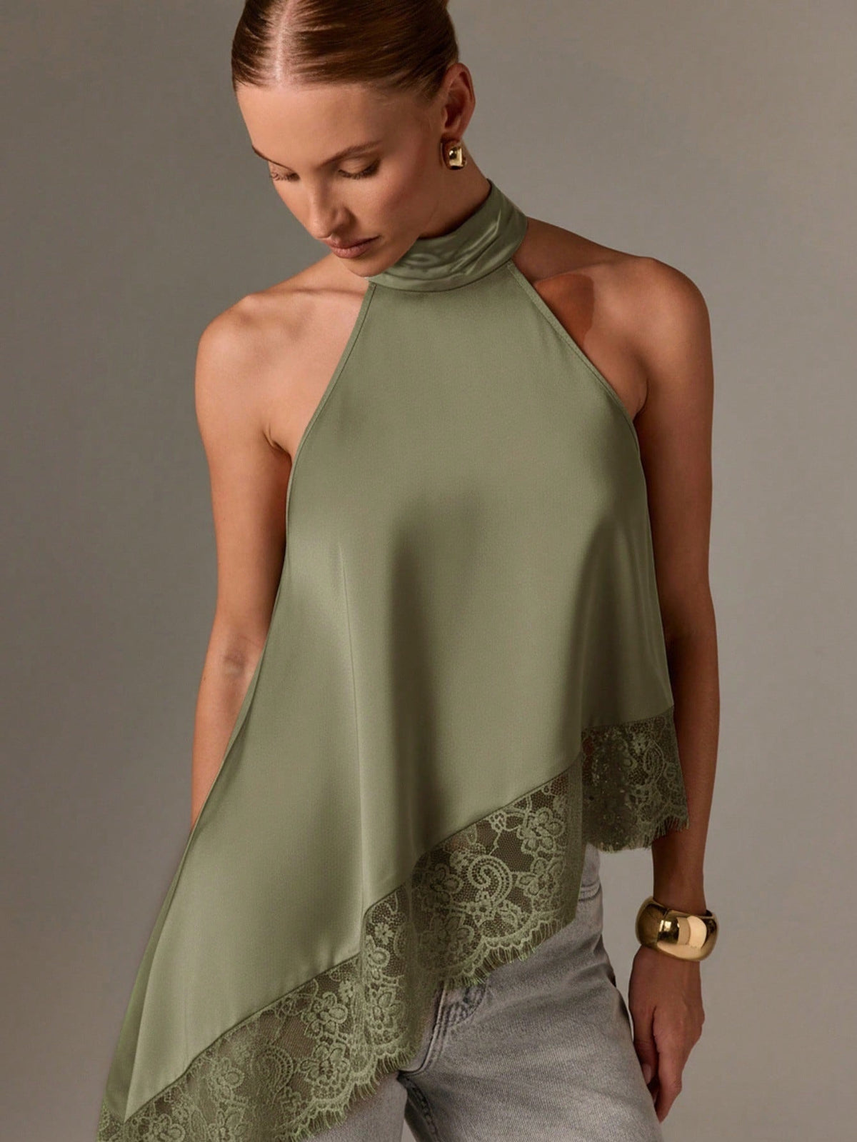 Clidress Button Neck Lace Patchwork Irregular Top 11 Colors-5 Size Green