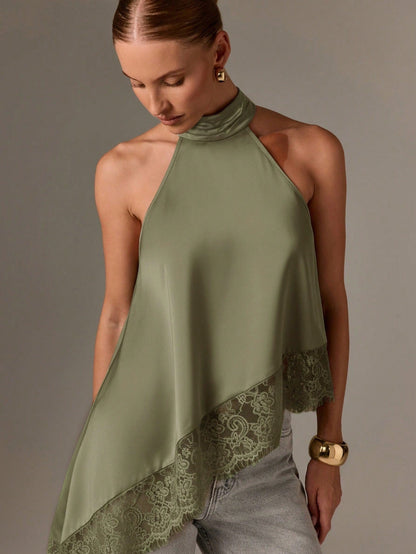 Clidress Button Neck Lace Patchwork Irregular Top 11 Colors-5 Size Green
