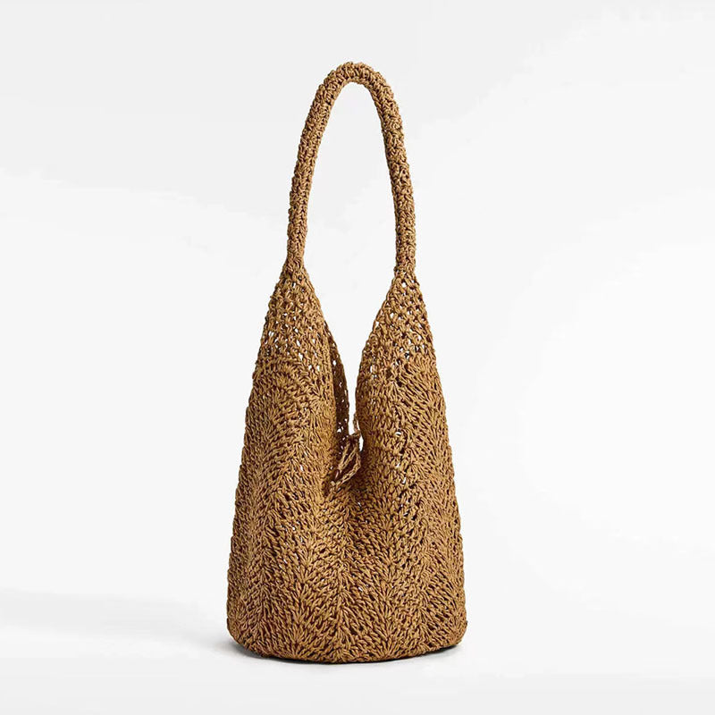 Shoulder Straw Bag Rattan Natural Fibers One Size Big Leaf Coffee