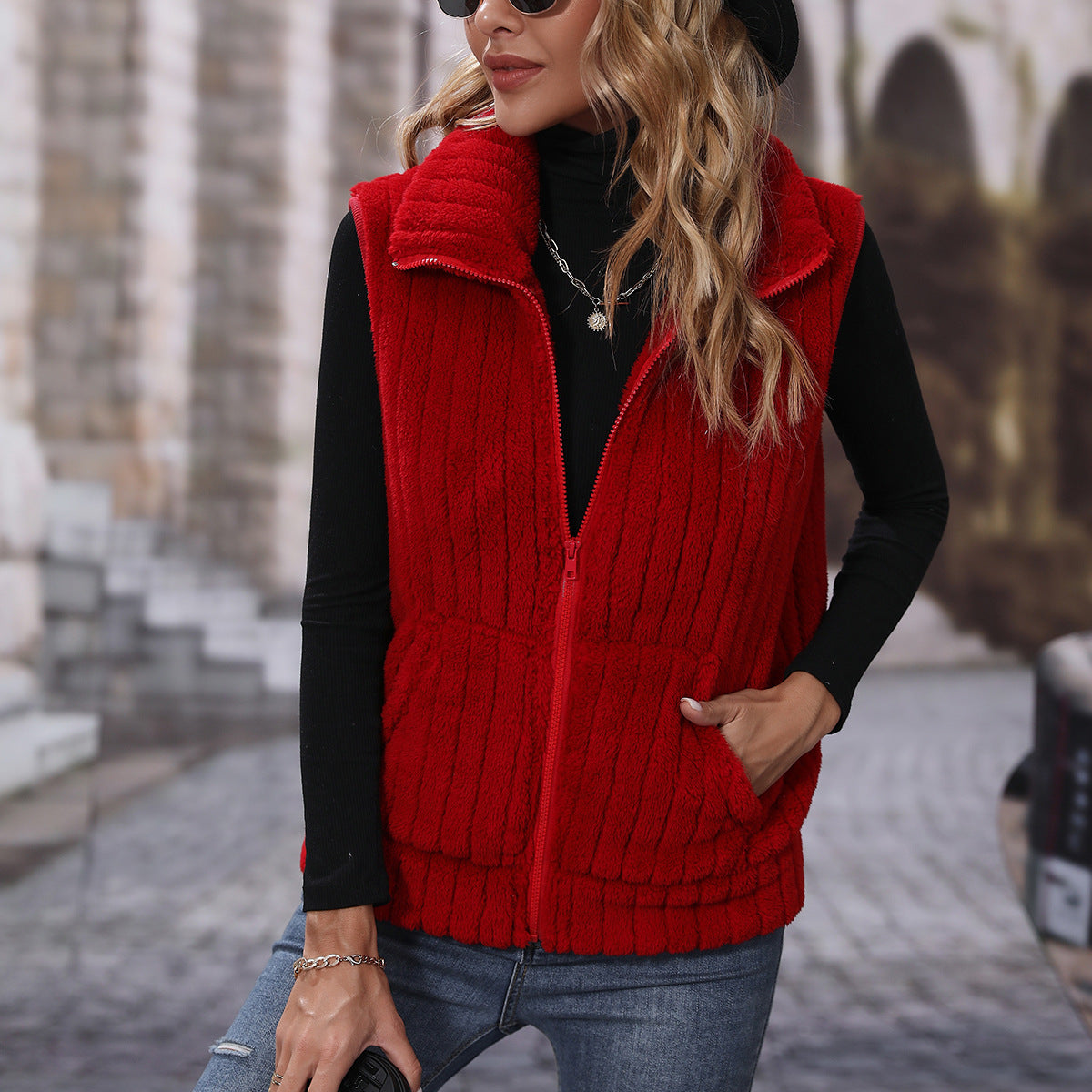 Striped Plush Casual Jacket Red
