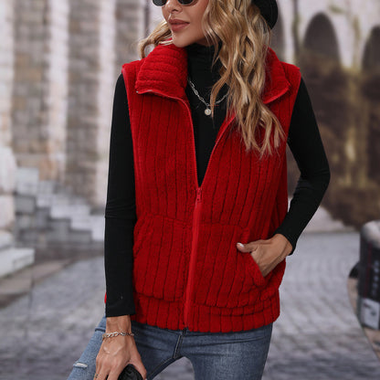 Striped Plush Casual Jacket Red