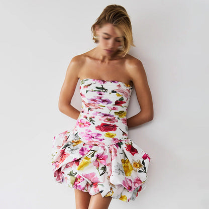 Tube Top High Waist Pleated Dress Women Multi
