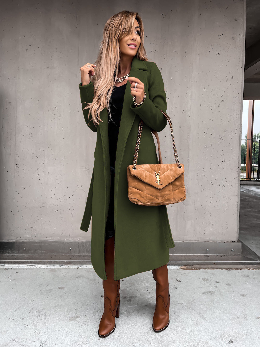 Solid Color Woolen Long Sleeve Trench Coat