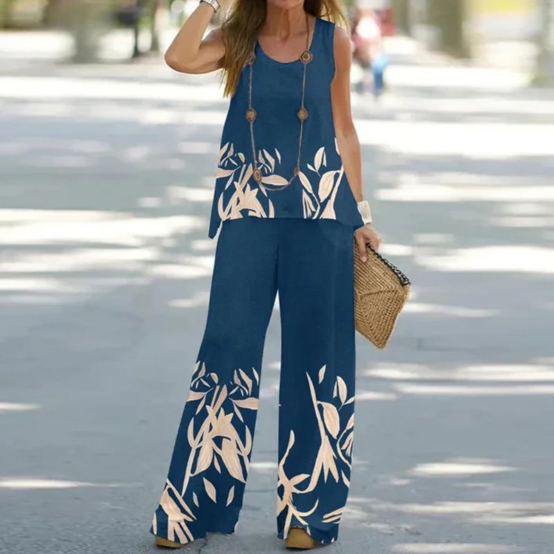 Printed Sleeveless Top and Bottom Set Peacock green