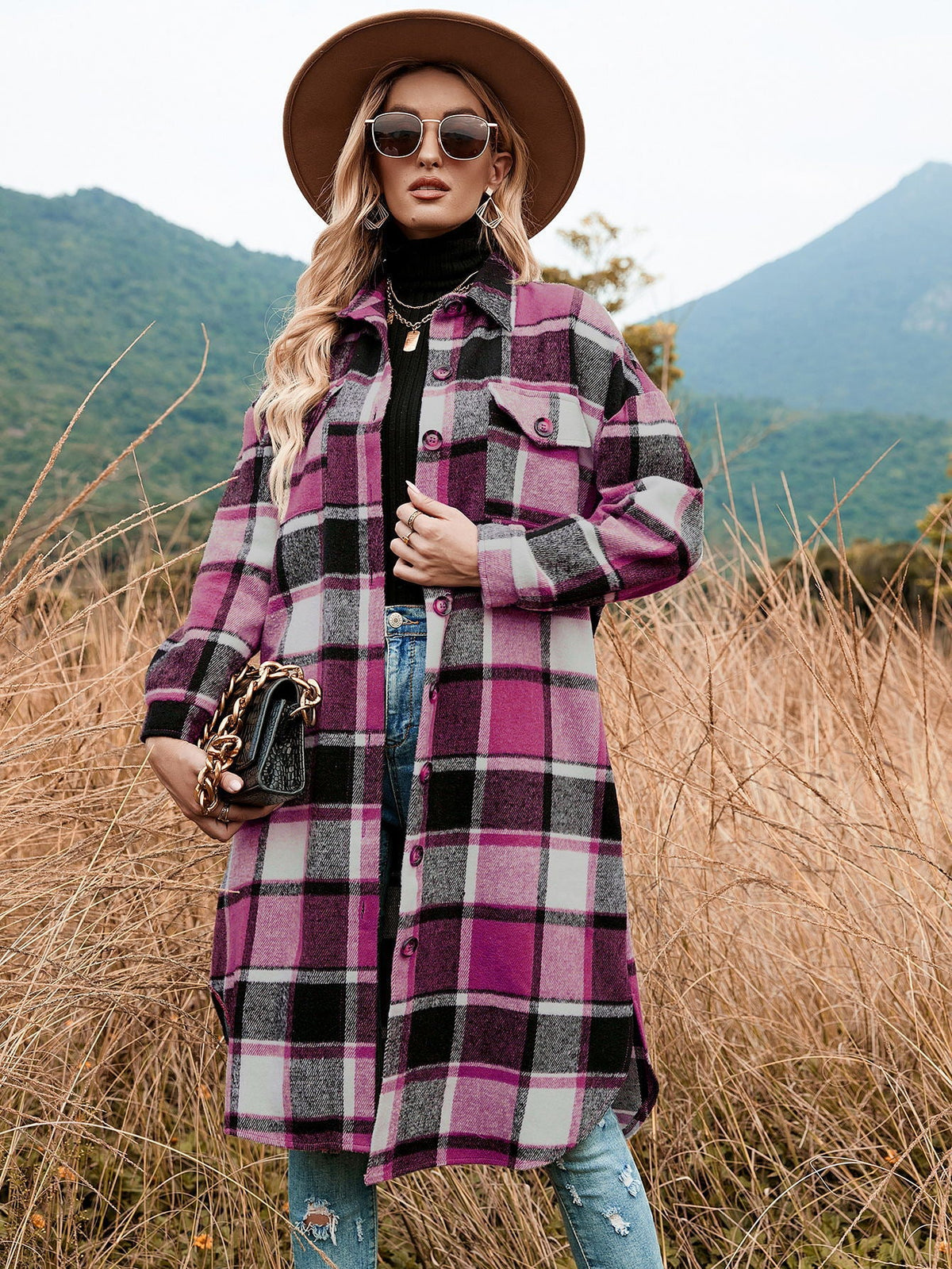 Plaid Long Coat Coral Red