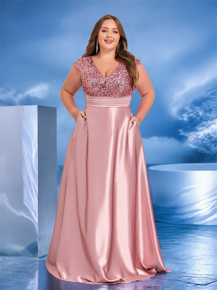 Sequined V neck Evening Dress Pink