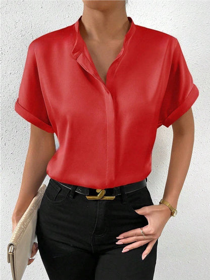 Solid Color Satin Short Sleeve Button Up Shirt Red