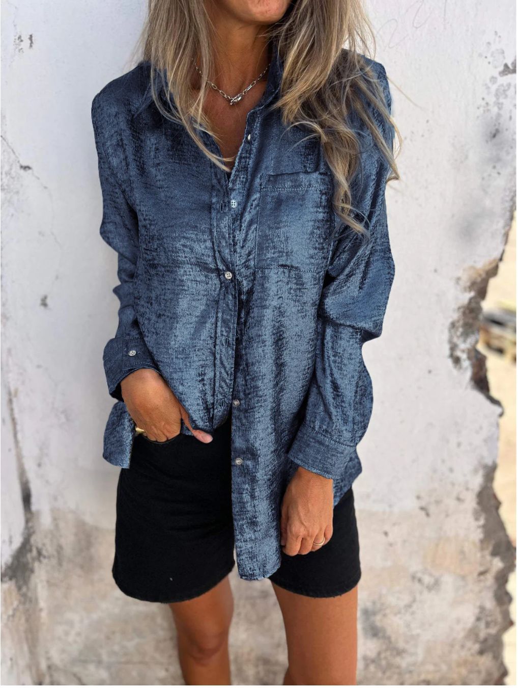 Casual Suede Polo Collar Shirt Blue