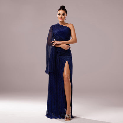 One Shoulder Long Sleeve Slim Fit Slit Cocktail Evening Dress Blue