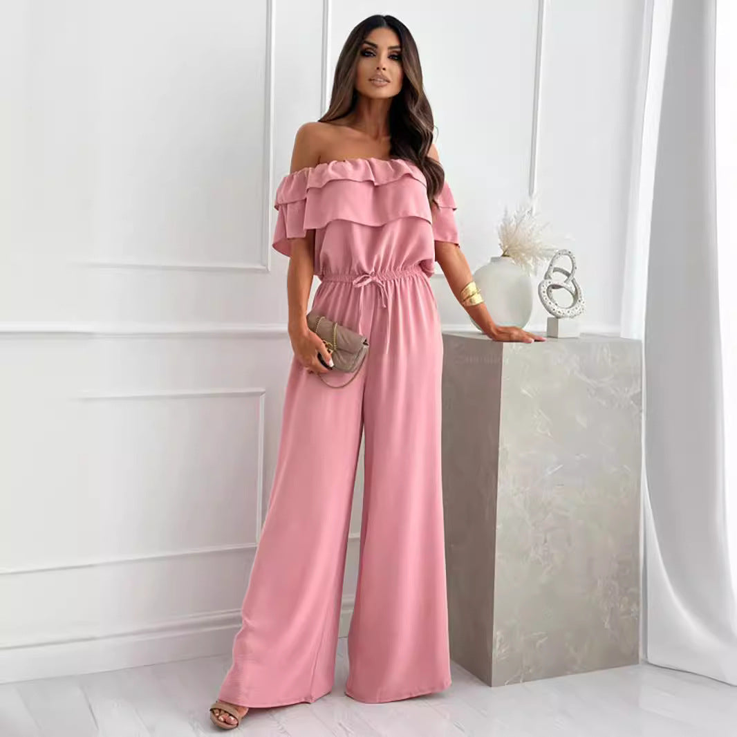 Ruffled off Shoulder Short Sleeved Jumpsuit Pink