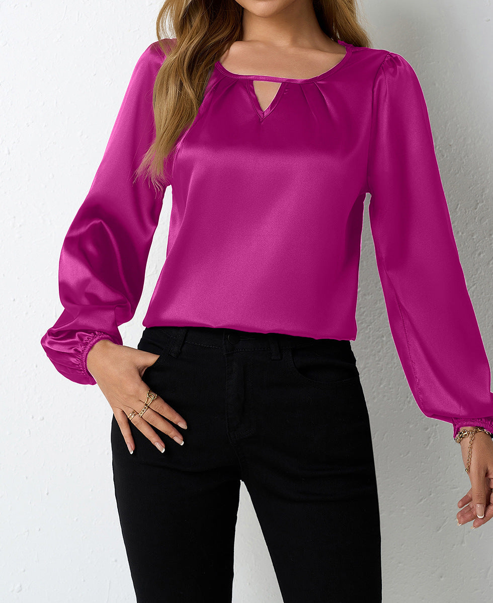 Satin Casual Pleated Long Sleeve Satin Top Coral Red