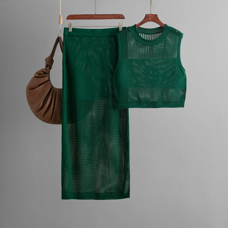 Slim Hollow Out Cutout Sleeveless Vest Summer Knitted Slit Skirt Two Piece Set One Size Green