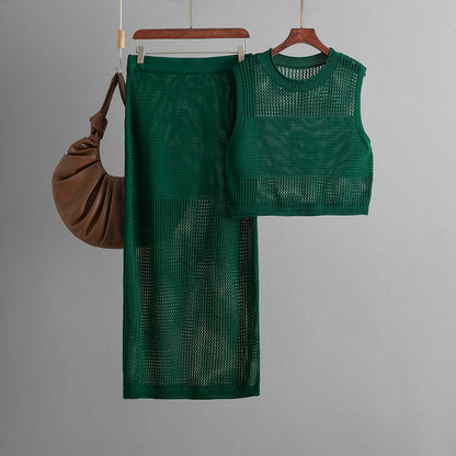 Slim Hollow Out Cutout Sleeveless Vest Summer Knitted Slit Skirt Two Piece Set One Size Green