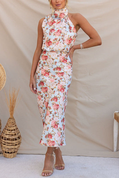 Sleeveless Halter Printed Satin Dress Sky Blue Printing