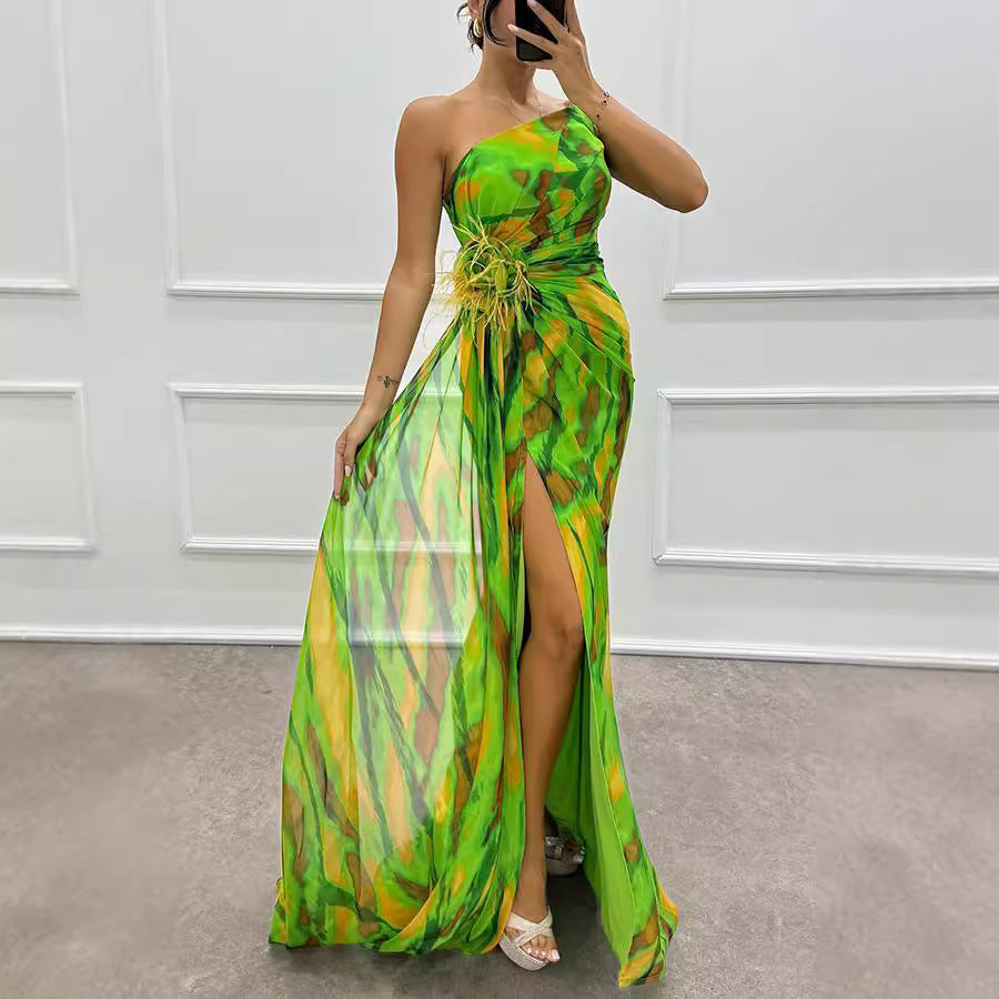 Printed Wedding Guest Dress Yellow