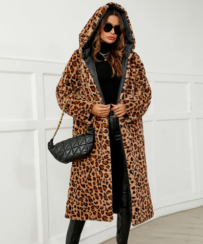 Leopard Print Faux Fur Hooded Coat