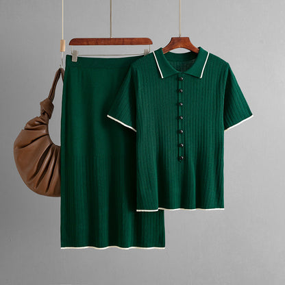 Elegant Knitted Skirt Set with Polo Collar One Size Green