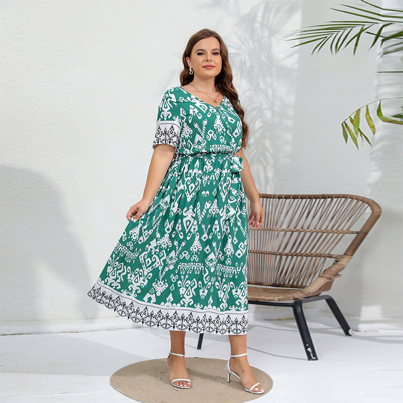 Short Sleeves Printed V neck Casual Dress Green