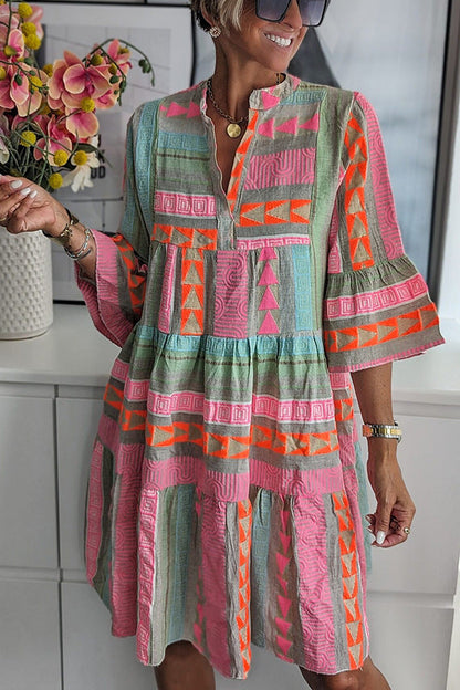 Printed V-neck Three Quarter Sleeve Dress Multi