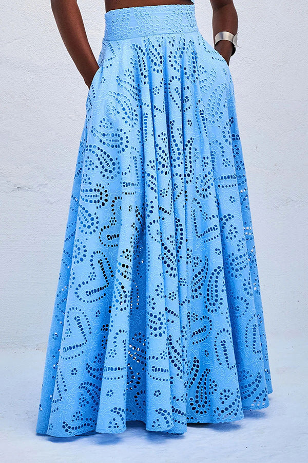 Spring Summer Sleeveless Long Skirt Pocket Set Casual Vacation Loose Two Piece Set Women Blue Skirt