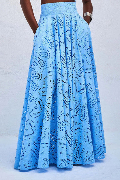 Spring Summer Sleeveless Long Skirt Pocket Set Casual Vacation Loose Two Piece Set Women Blue Skirt
