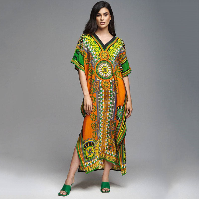 Skylar Vintage Printed Kaftan One Size Orange Green Flower
