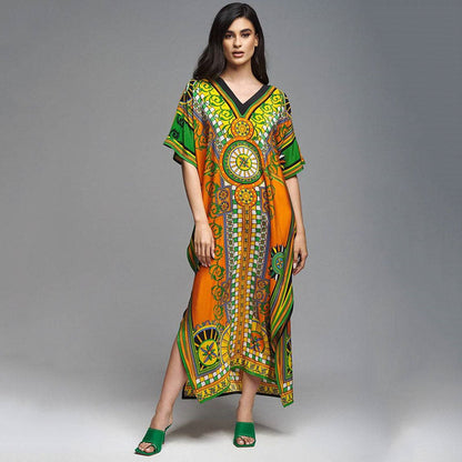 Skylar Vintage Printed Kaftan One Size Orange Green Flower