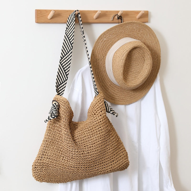 Rattan Natural Handmade Shoulder Bag One Size Striped Handle Brown