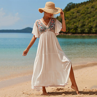 Rayon Mesh Applique Beach Cover-up Sexy Vacation Seaside Sun Protection Clothing Blouse One Size White