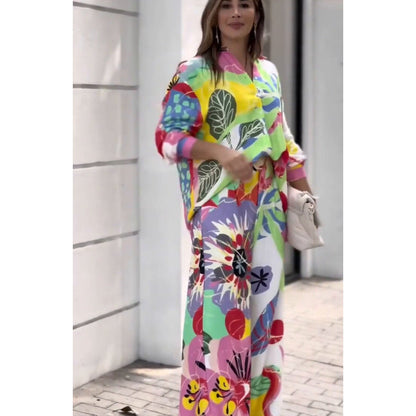 Office Long Sleeve Loose Shirt High Waist Wide Leg Pants Women Set