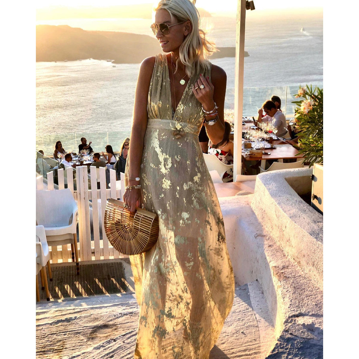 Sexy Plunge V Neck Resort Dress Pale Yellow