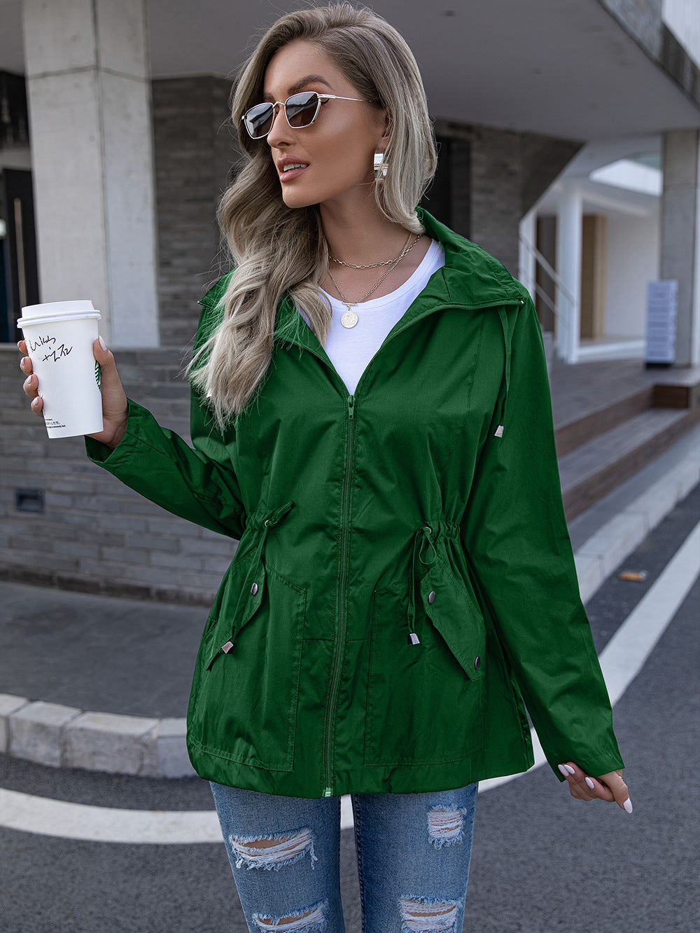Mesh Breathable Rain Coat Hoodie Army Green