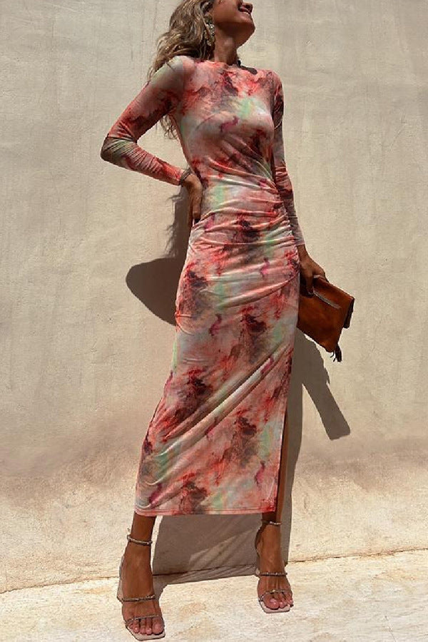 Mesh Printed Fitted Stretch Long Sleeve Dress Pink
