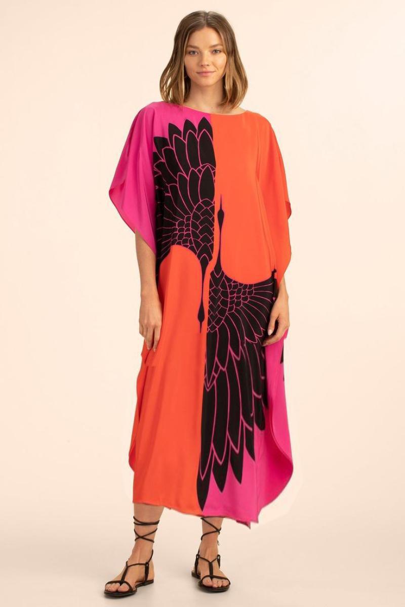 Stella Printed Kaftans One Size Rose Red & Black Crane