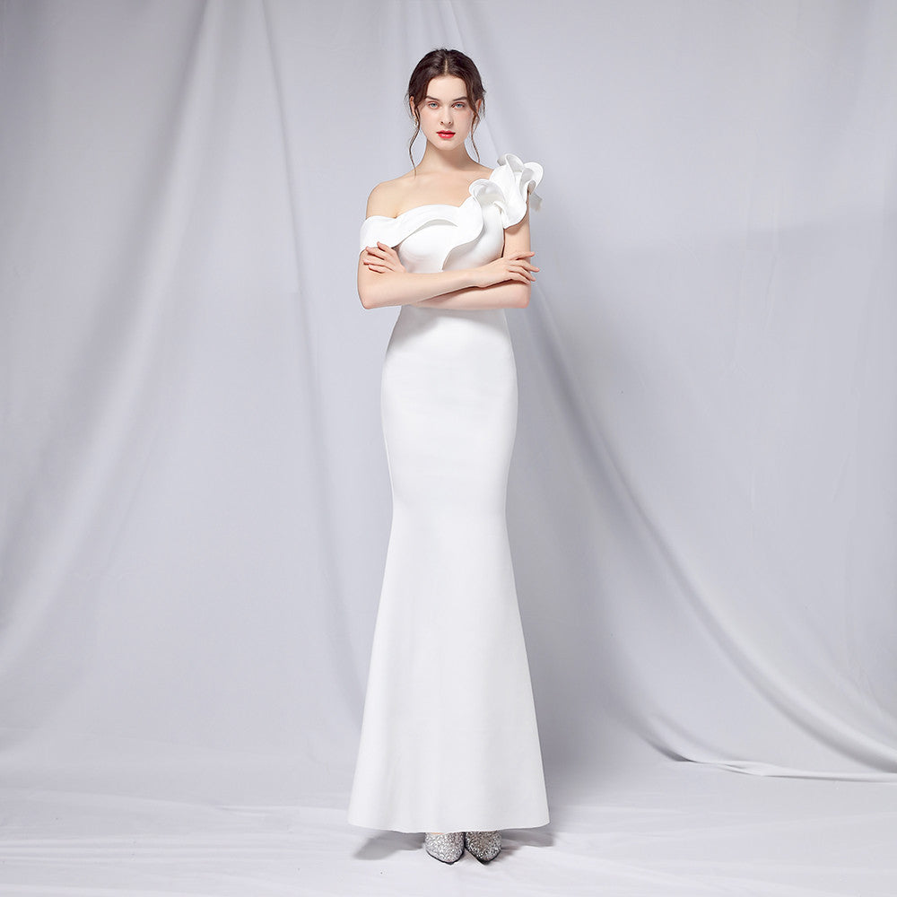 One Shoulder Evening Gown White