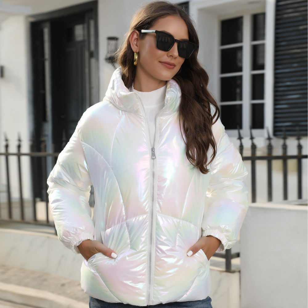 Shiny Hooded Thermal Puffer Jacket White