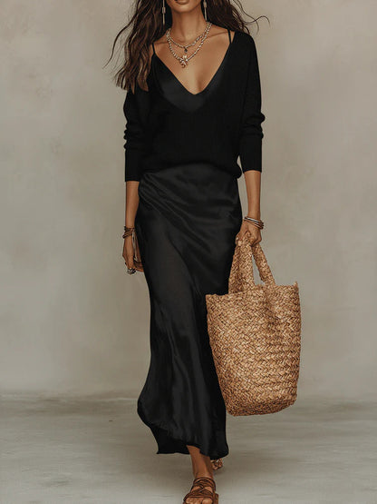 Clidress Knitting Top & Satin Dress 2 Pieces Set