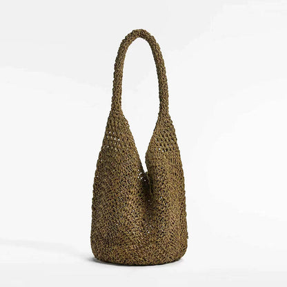 Shoulder Straw Bag Rattan Natural Fibers One Size Big Brown Leaves