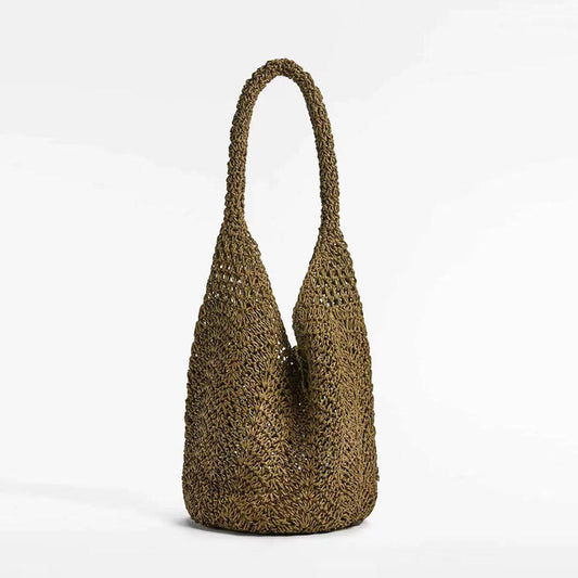 Shoulder Straw Bag Rattan Natural Fibers One Size Big Brown Leaves