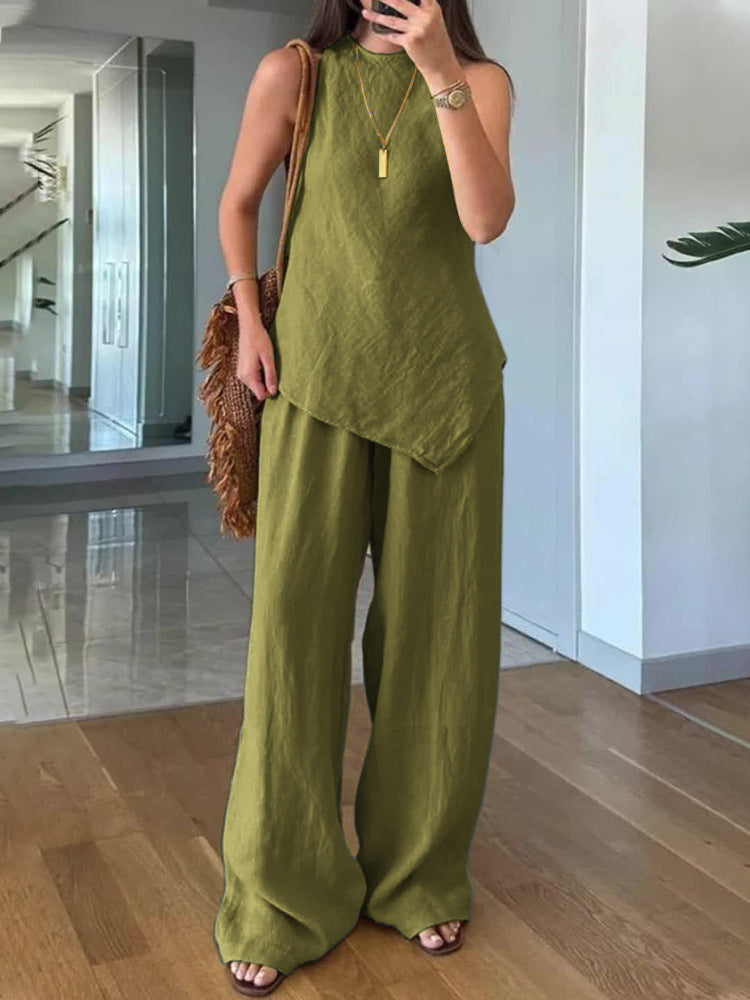 Irregular sleeveless casual two-piece set Green
