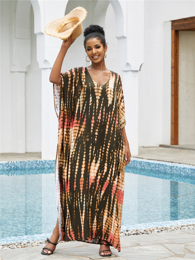 Brenda Day to Night Kaftan One Size Coffee Tie Dye