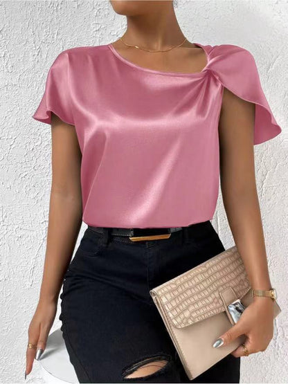 Short Sleeve Satin Twisted Solid Color Loose Fitting Top Women Pink