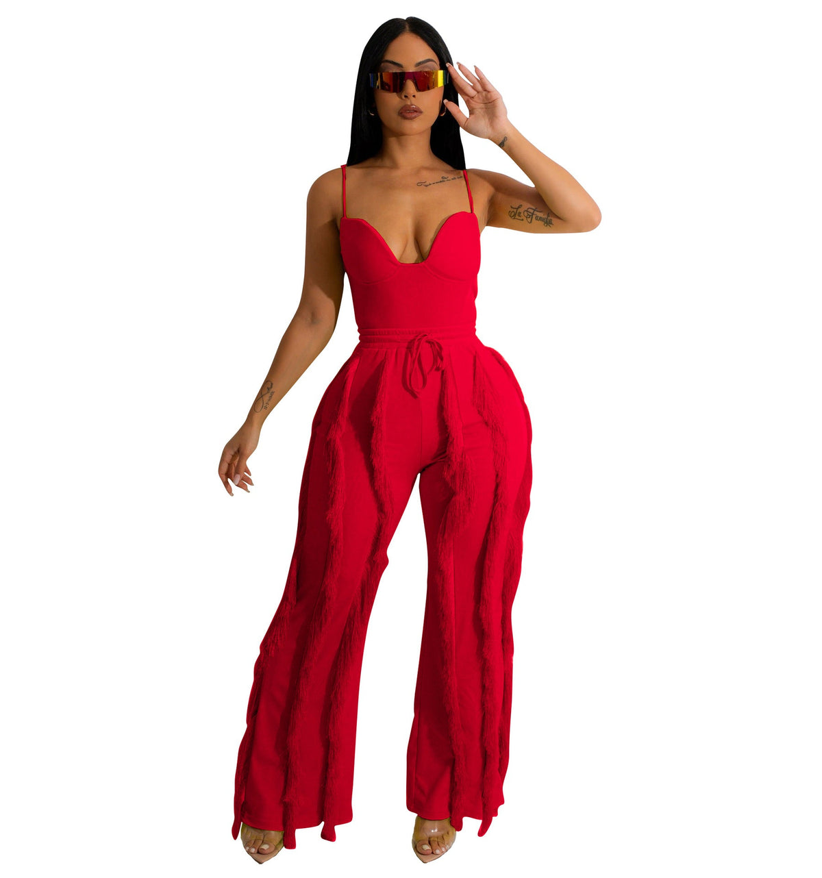 Tassel Lace Sling Jumpsuit Red