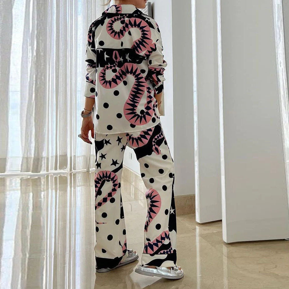 Printed High Waist Wide Leg Pants Suit